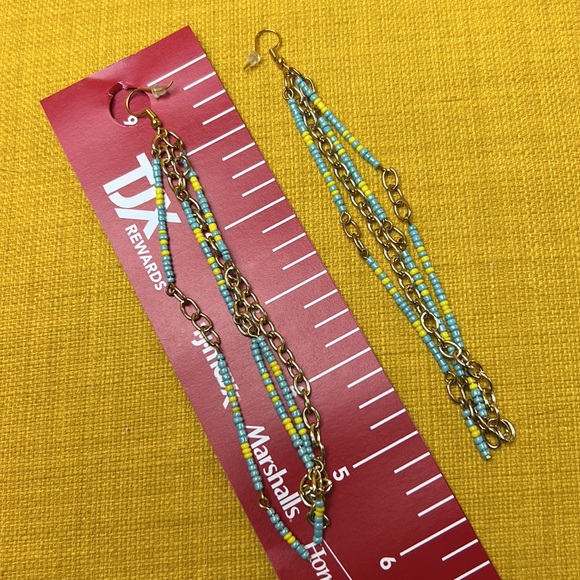 Handcrafted beaded gold tone blue yellow  earrings 💛💙 maxi 5.5” long 🆕 - Picture 4 of 7